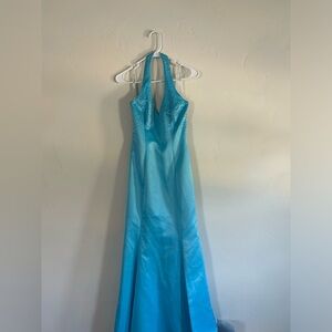 Morgan&Co Blue beaded halter neck prom dress.